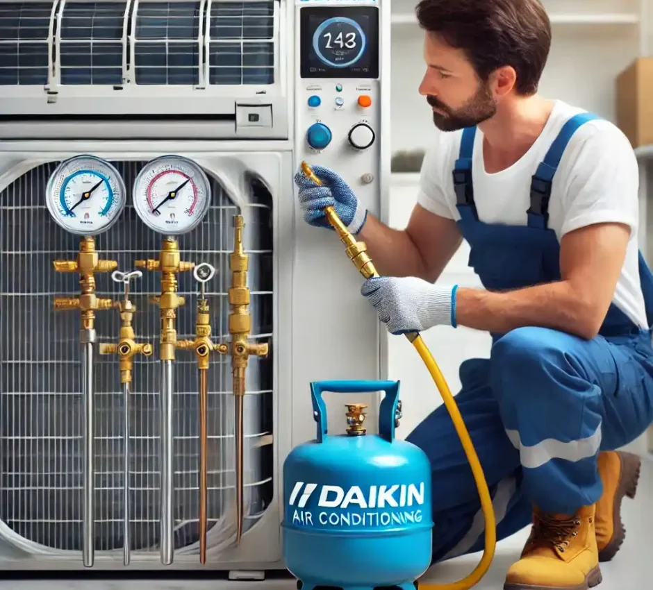 Daikin Klima Gaz Dolumu Bir teknisyen, Daikin marka bir klima üzerinde gaz dolumu işlemi yaparken görülüyor. Görselde temiz ve düzenli bir iç mekan ortamı, kullanılan manifold cihazı ve Daikin klimanın detayları dikkat çekiyor. Profesyonellik ve güven vurgulanmış.