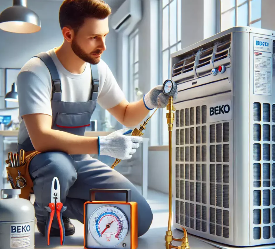 Beko Klima Gazı Dolumu Beko klima gazı dolumu yapan bir teknisyen, klimanın performansını artırmak için gaz dolum işlemini dikkatle gerçekleştiriyor.