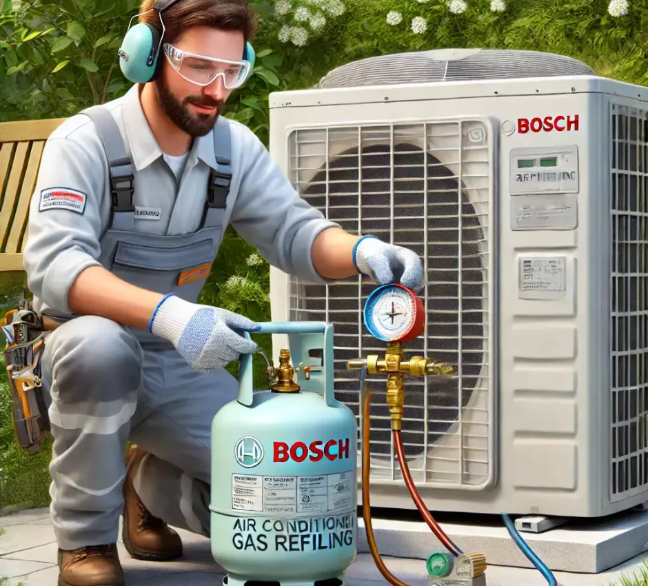 Bosch Klima Gaz Dolumu Bosch klima gaz dolumu sırasında uzman bir teknisyen, klimanın gaz seviyelerini kontrol ederek dolum işlemini gerçekleştiriyor.