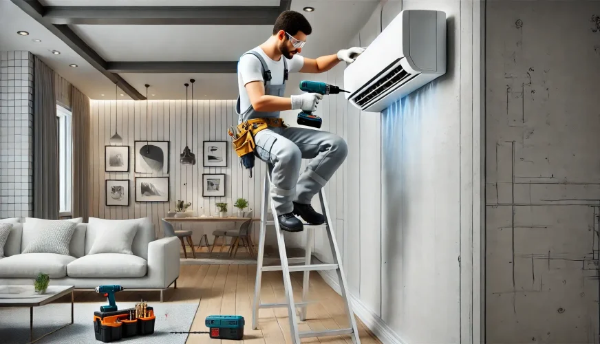 esenyurt-klima-bakimi-split-ic-ünite Esenyurt'ta klima iç ünitesi montajı sırasında elektrik bağlantıları ve boru döşeme işlemi.