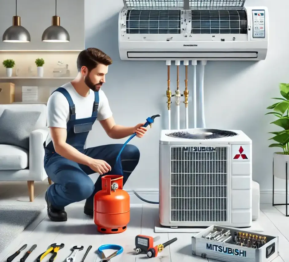 Mitsubishi Klima Gaz Dolumu Mitsubishi klima gaz dolumu hizmeti sırasında profesyonel bir teknisyen.