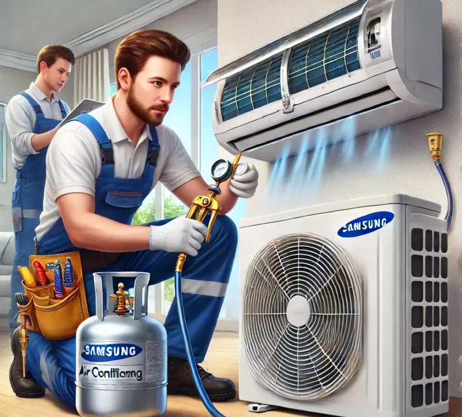 Samsung Klima Gaz Dolumu Bir teknisyen, Samsung klimanın gaz dolum işlemini özel ekipmanlarla profesyonel bir şekilde gerçekleştiriyor. Arka planda modern bir ev ortamı görülüyor.