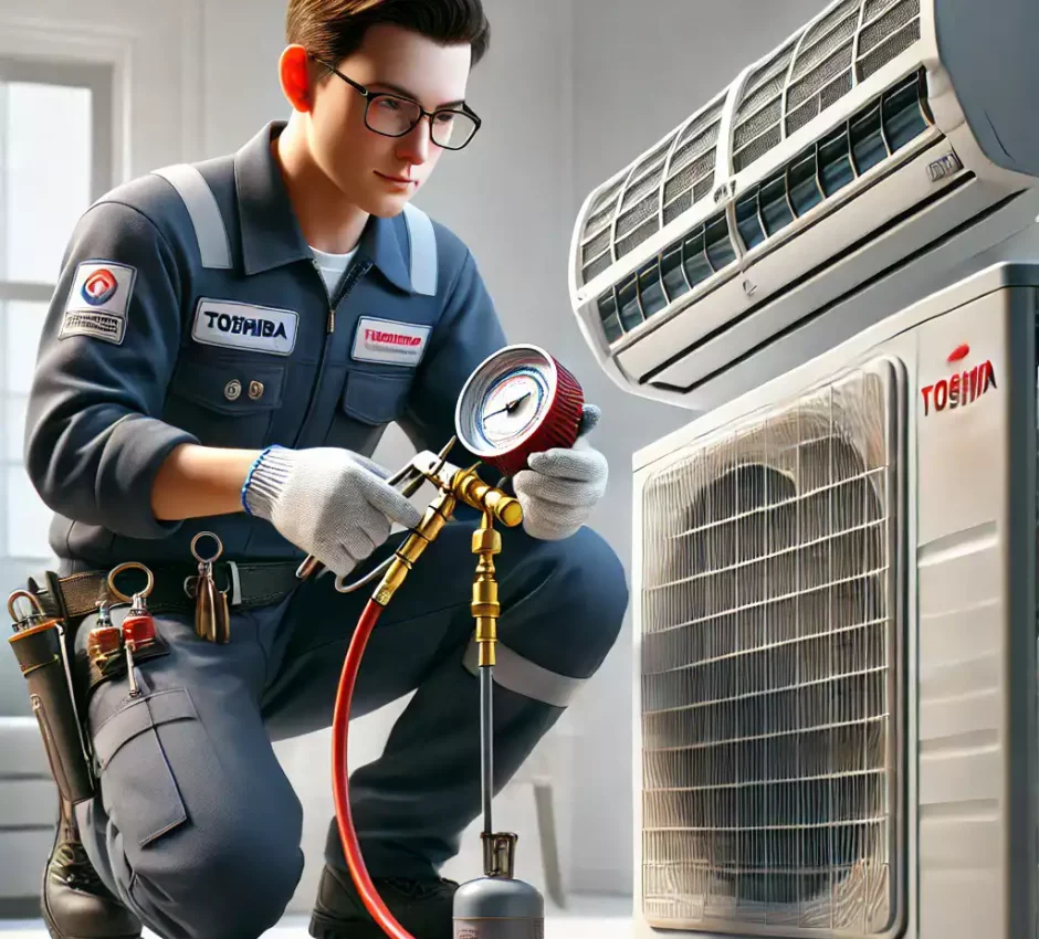 Toshiba Klima Gazı Dolumu Toshiba klima gaz dolumu yapan bir teknisyen, özel ekipmanlarla klima gaz seviyesini kontrol ediyor ve dolum yapıyor.