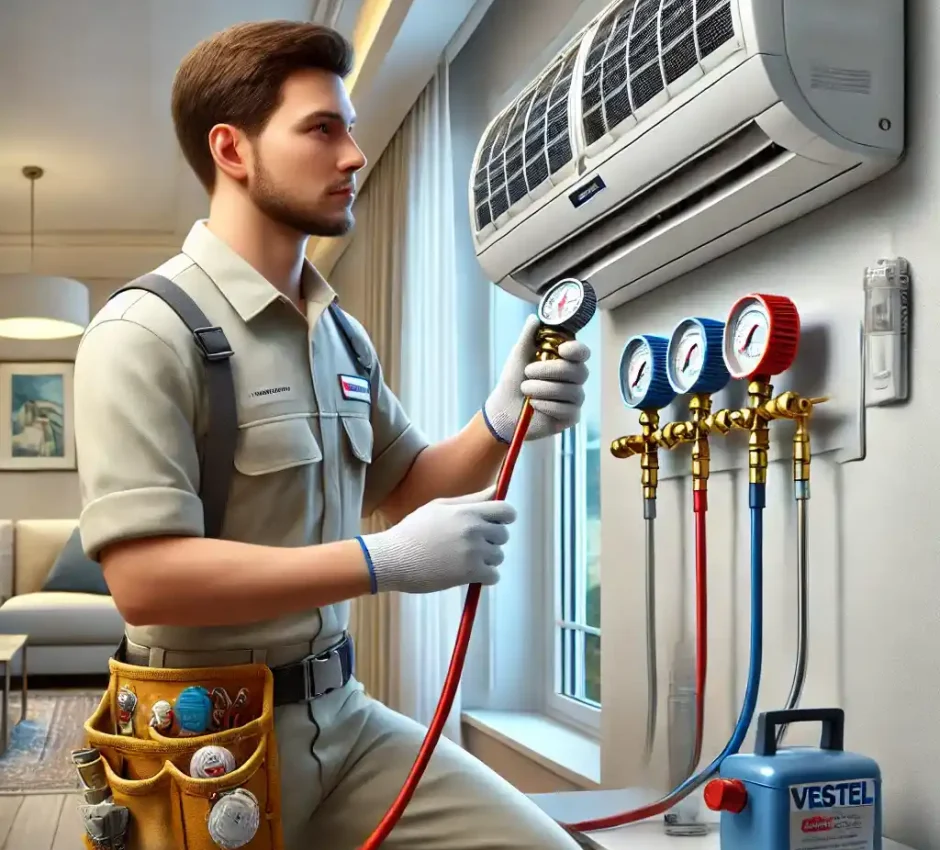 Vestel Klima Gazı Dolumu – Teknik Personel Gaz Dolumu İşlemi Vestel klima gazı dolumu işlemi için teknik personel, klima gazı dolum ekipmanlarıyla çalışmaktadır. Profesyonel hizmet için gerekli tüm araçlar ve takımlar görselde yer almaktadır.